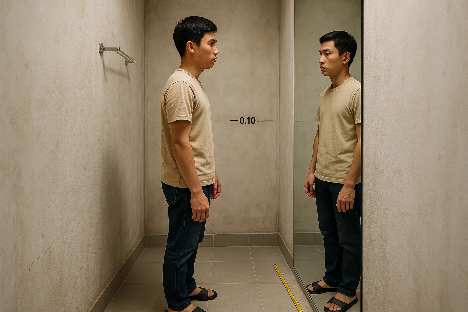 Minh họa thực tế một buồng thử đồ hẹp nhìn ngang, có người đứng soi trước gương dán tường khổ lớn. Trên ảnh thể hiện rõ cốt sàn hoàn thiện, mép dưới gương thấp gần sàn, chiều cao mắt người soi, khoảng lùi ngắn từ người đến gương và phần đầu chân đều phản chiếu trọn vẹn. Bối cảnh như ảnh đo đạc thi công, có thước dây, ký hiệu cao độ đơn giản, chân tường và móc treo quần áo.
