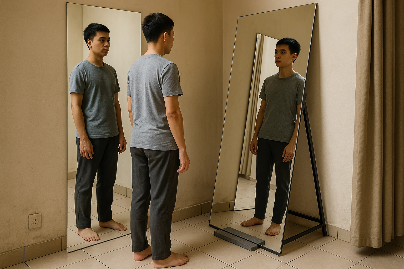So sánh trực quan hai gương toàn thân trong buồng thử đồ: một gương lắp thẳng đứng sát tường, một gương nghiêng nhẹ với mép trên ra trước vài độ. Cùng một người mặc bộ đồ đơn giản đứng soi ở khoảng cách ngắn, ảnh cho thấy gương nghiêng nhẹ giúp thấy trọn chân tốt hơn, còn gương nghiêng quá nhiều làm tỷ lệ chân dài bất thường. Có chi tiết khung đỡ, đệm chân và điểm neo chống lật ở mặt sau.