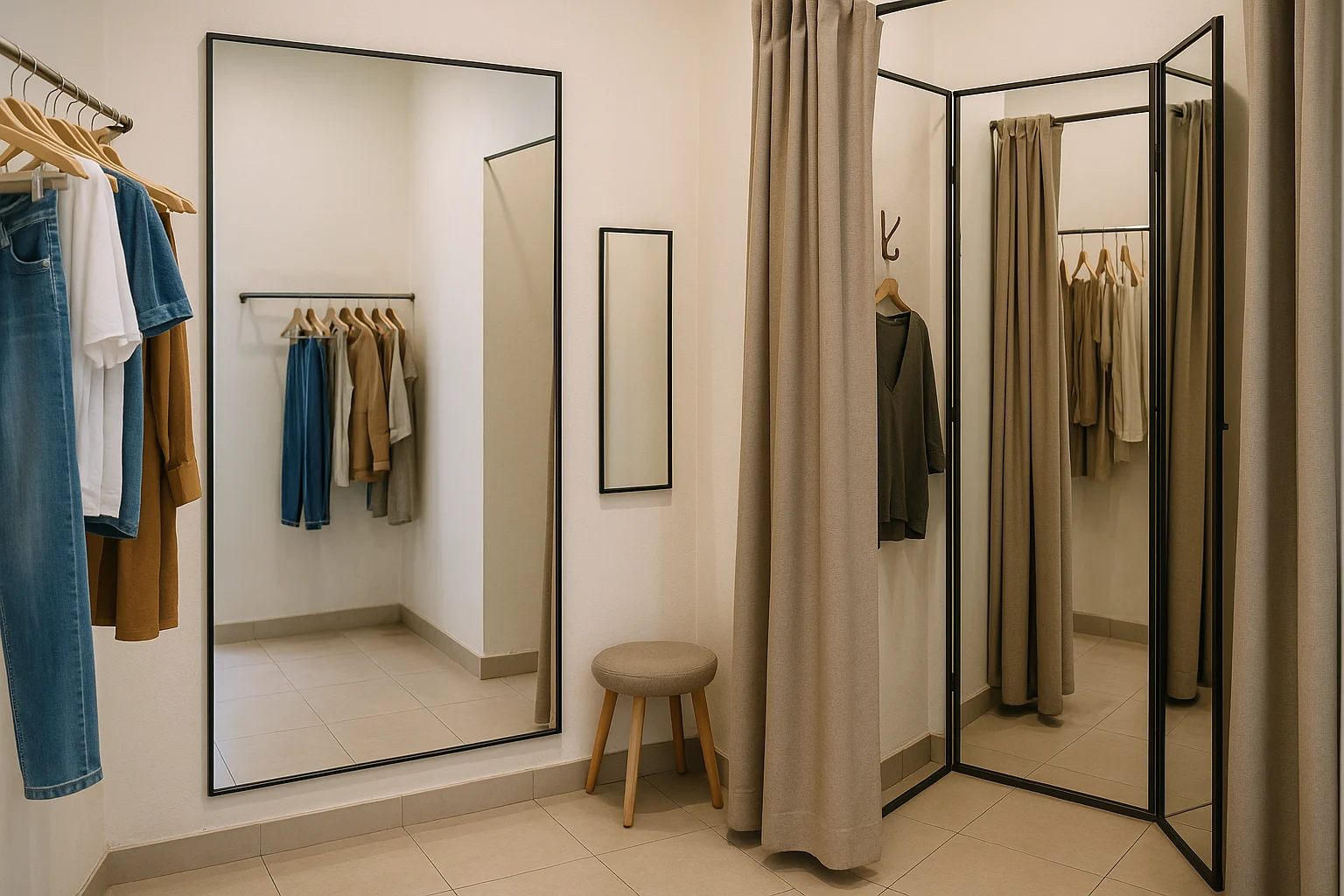 Buồng thử đồ trong showroom thời trang với một gương chính lớn gắn tường phía trước và một gương phụ nhỏ đặt lệch để soi phía sau. Bên cạnh là cấu hình khác có gương ba mặt với hai cánh phụ mở ra, cho thấy buồng hẹp bị vướng móc treo và rèm. Không gian thật, kích thước vừa phải, có quần áo treo, ghế nhỏ và lối xoay người hạn chế.