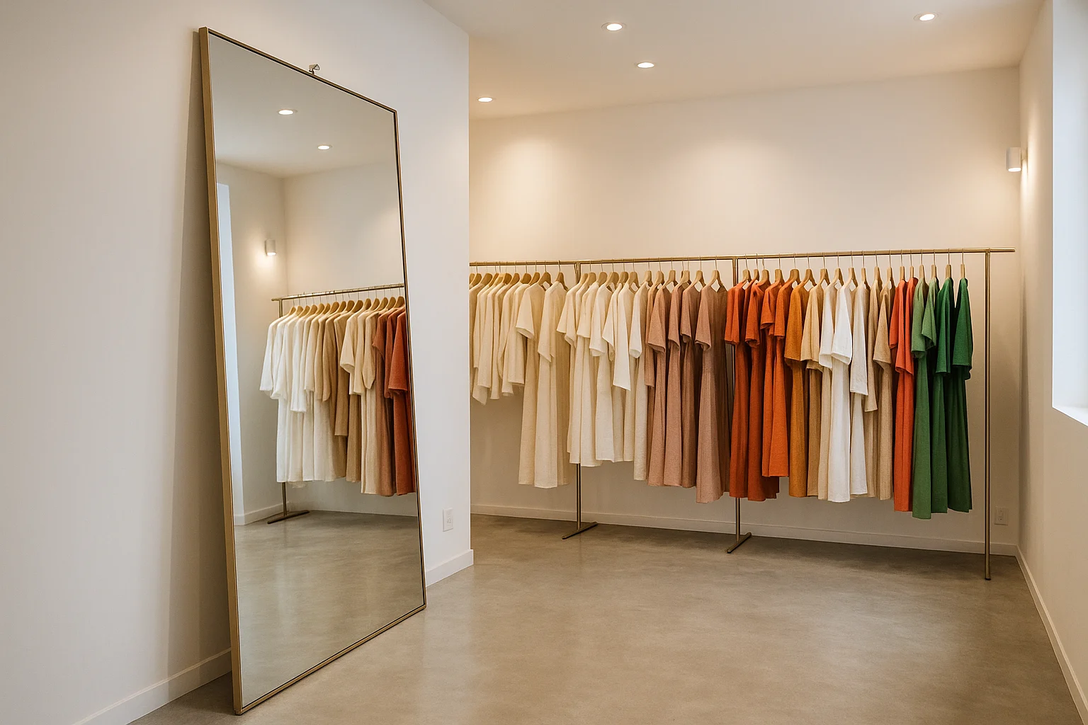 Gương toàn thân khổ lớn dựng sát tường trong showroom thời trang, có pát neo phía trên