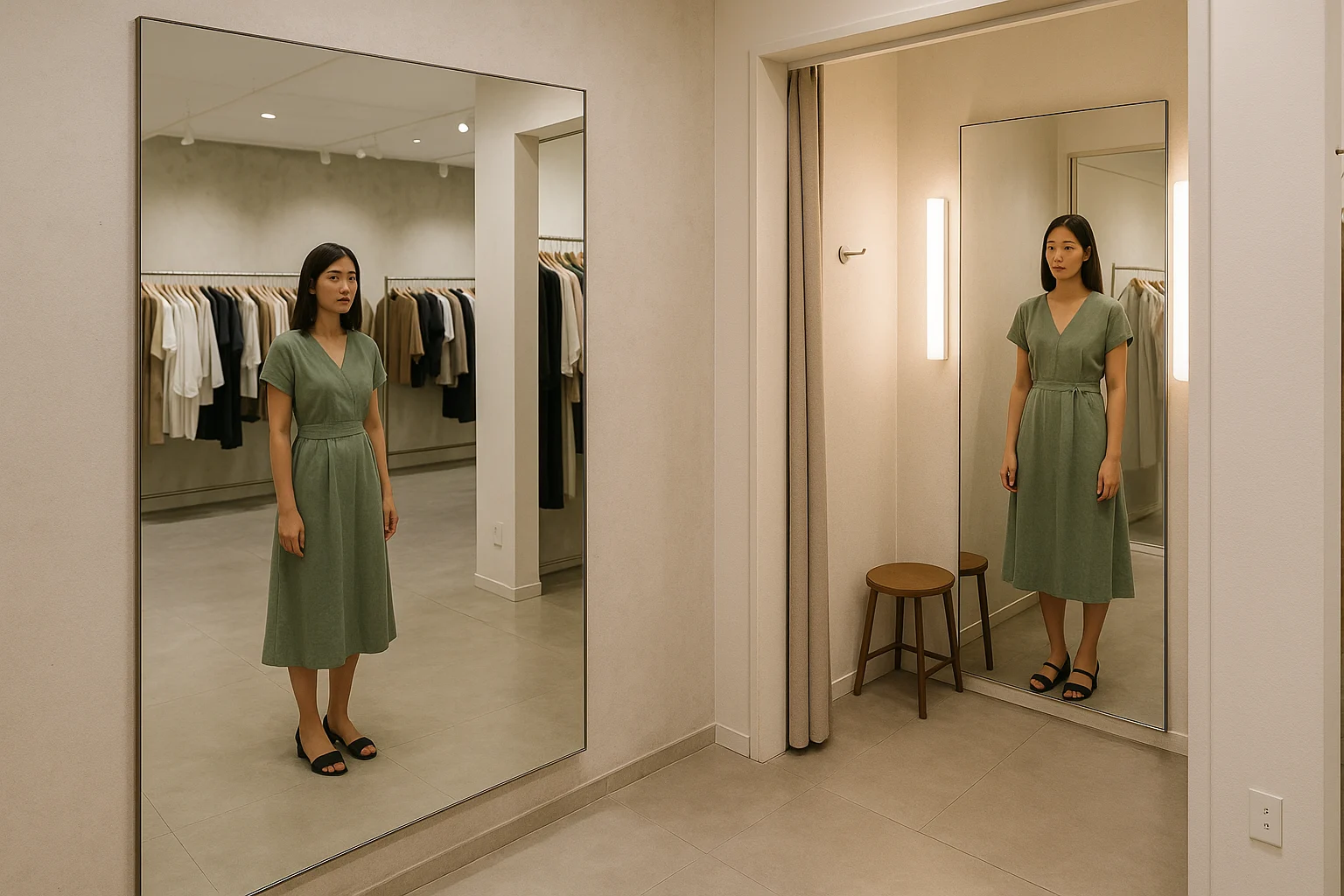 Không gian showroom thời trang thực tế với hai khu rõ ràng: bên ngoài là mảng gương lớn ở khu bán hàng chung, khách đứng cách gương khá xa để nhìn tổng thể trang phục; bên trong là một buồng thử đồ hẹp với gương toàn thân lắp sát tường, mép dưới thấp, đèn hai bên mặt, có móc treo và ghế nhỏ. Góc chụp rộng, thấy rõ sự khác nhau về khoảng lùi, mục đích soi và bố trí ánh sáng giữa hai loại gương. Phong cách ảnh kỹ thuật thực tế, vật liệu nội thất bán lẻ, ánh sáng trung tính, chi tiết sắc nét.