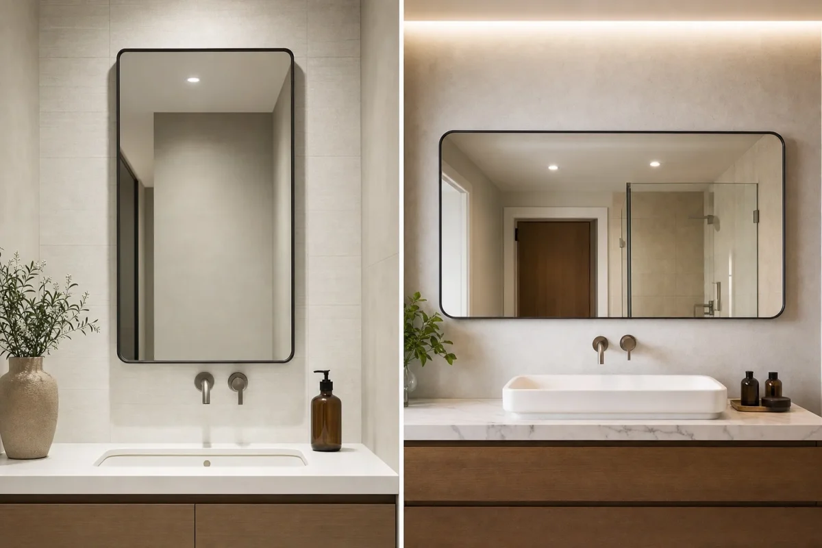 Gương chữ nhật treo dọc và treo ngang trong khu lavabo thực tế