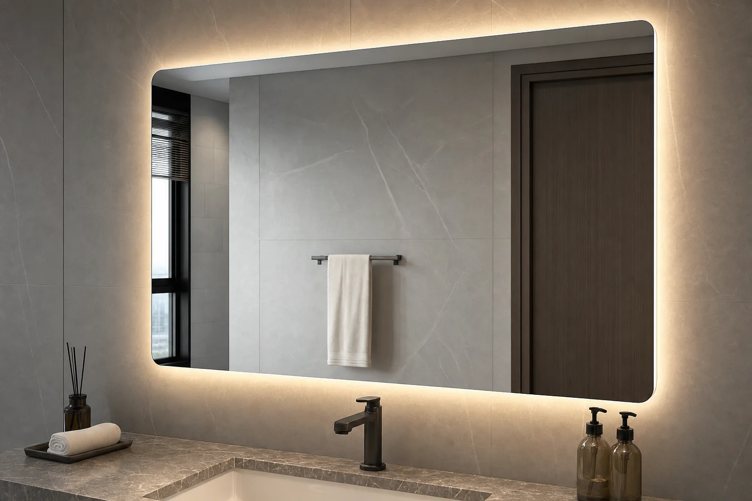 Gương Soi 600x800, 800x600 Hay 600x900: Dựng Đứng Hay Nằm Ngang 2 Gương phòng tắm chữ nhật có đèn hắt sau lắp thực tế