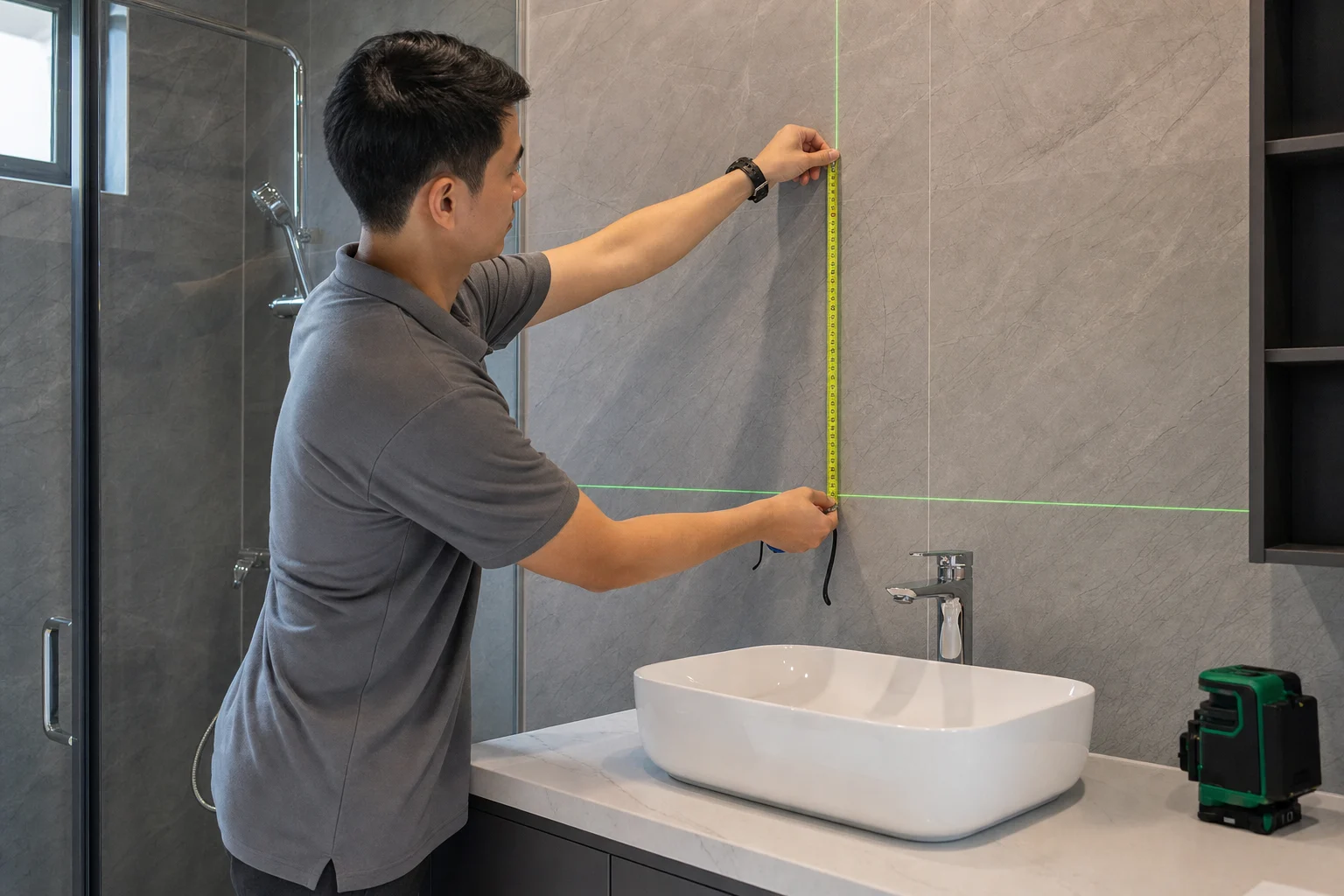 Gương Soi 600x800, 800x600 Hay 600x900: Dựng Đứng Hay Nằm Ngang 3 Đo hiện trạng khu vực lắp gương lavabo bằng thước dây và nivô