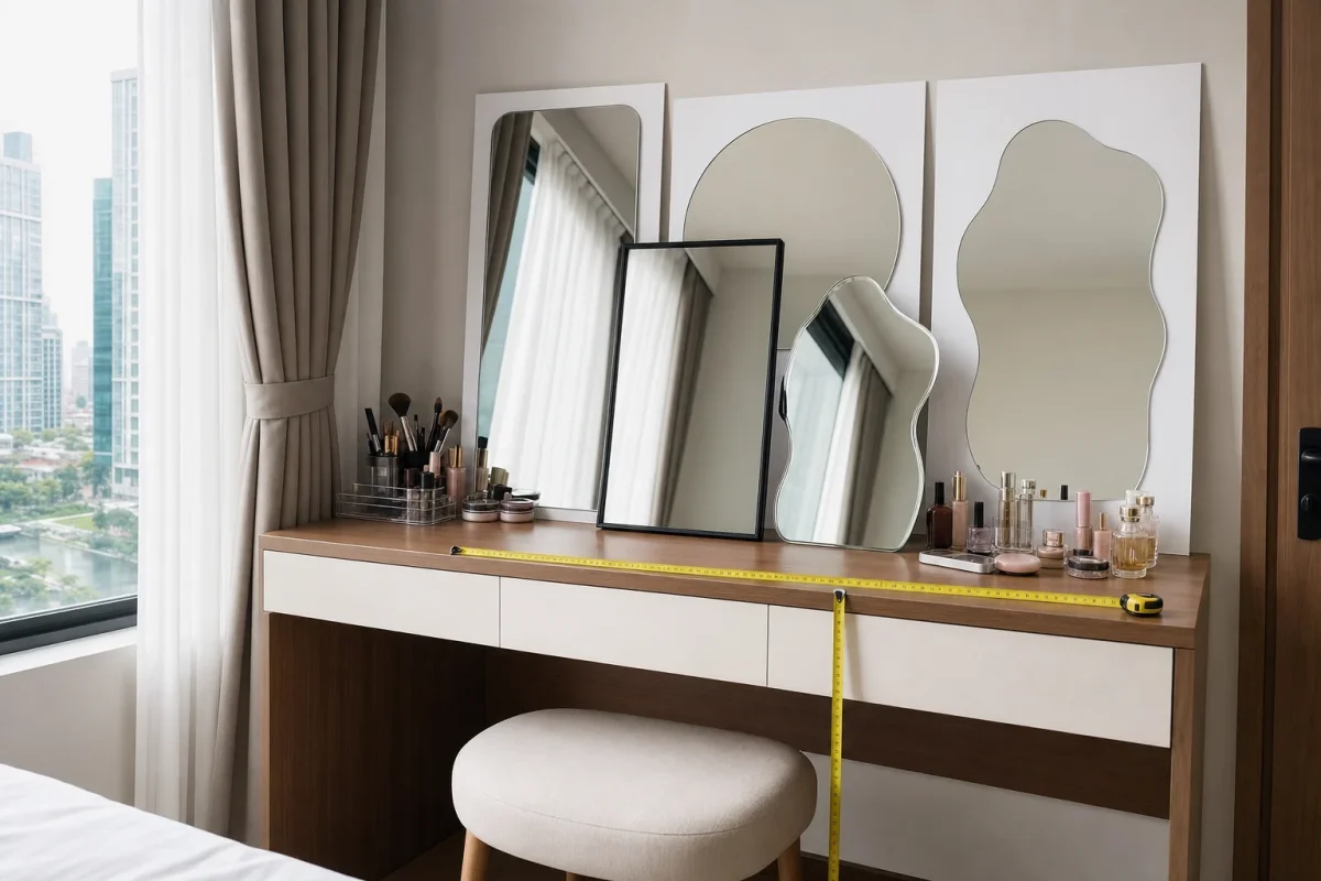 A realistic interior photo of a bedroom vanity area in Ho Chi Minh City, focused on a dressing table and mirror selection before installation. Show a seated-position testing setup: a vanity table with a stool tucked in, measuring tape placed across the tabletop width and another measuring the eye-level height from the seat, with several printed mirror size mockups leaning against the wall instead of a final installed mirror. The scene should clearly suggest that choosing the mirror only by reference photos is a mistake without measuring the real sitting position. Include glass mirror samples with polished edges, one thin black metal frame sample, one frameless beveled-edge sample, makeup items on the table, soft natural daylight from a side window, clean residential wall, realistic materials, no visible person, no text, no logo, no brand, camera angle at seated eye level, documentary-style photography.