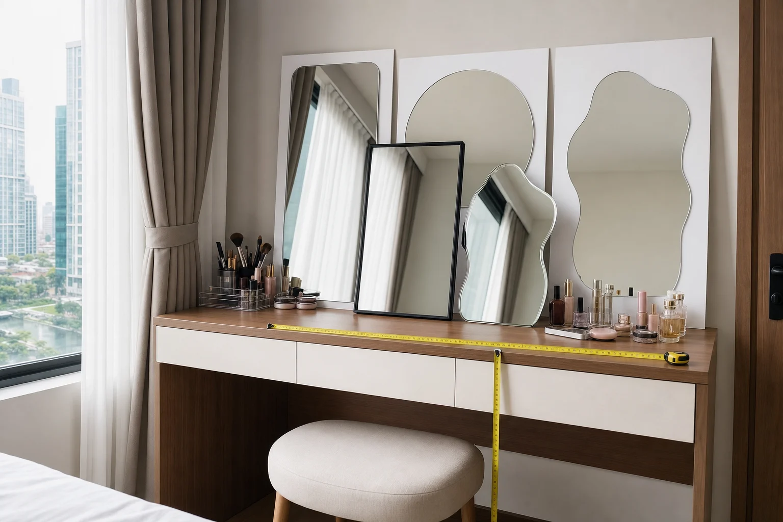 A realistic interior photo of a bedroom vanity area in Ho Chi Minh City, focused on a dressing table and mirror selection before installation. Show a seated-position testing setup: a vanity table with a stool tucked in, measuring tape placed across the tabletop width and another measuring the eye-level height from the seat, with several printed mirror size mockups leaning against the wall instead of a final installed mirror. The scene should clearly suggest that choosing the mirror only by reference photos is a mistake without measuring the real sitting position. Include glass mirror samples with polished edges, one thin black metal frame sample, one frameless beveled-edge sample, makeup items on the table, soft natural daylight from a side window, clean residential wall, realistic materials, no visible person, no text, no logo, no brand, camera angle at seated eye level, documentary-style photography.
