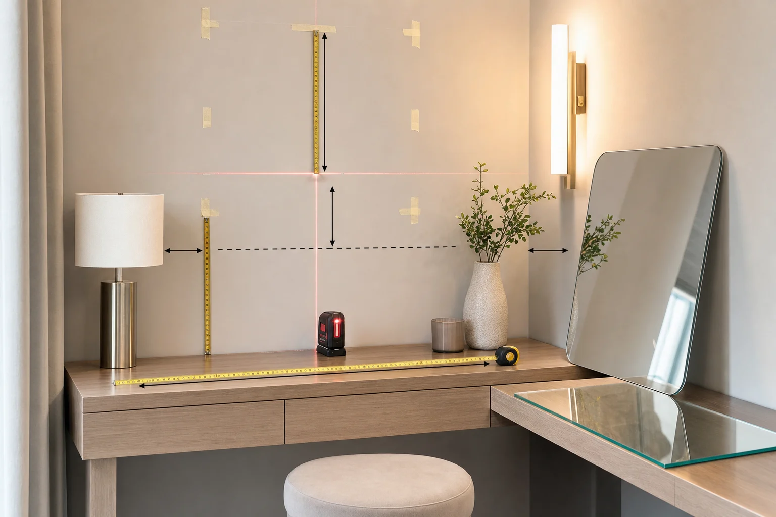 A step-by-step home measuring scene for ordering a wall-mounted vanity mirror, captured as a realistic close-up series-like composition in one frame. Show a dressing table against a wall with five clear measuring cues: tabletop width, centerline marking, seated eye height, clearance above the table, and side spacing around lamps or cabinets. Include a frameless mirror sample with pencil-polished edges resting nearby, a round corner rectangular mirror option, masking tape markers on the wall, measuring tape, laser level, and a small stool positioned in front of the vanity. Materials should look authentic: glass, painted wall, wood tabletop, metal tools. Bright neutral indoor lighting, slight side angle showing both wall and tabletop, no person visible, no text, no logo, no brand, mirror and glass installation context only.