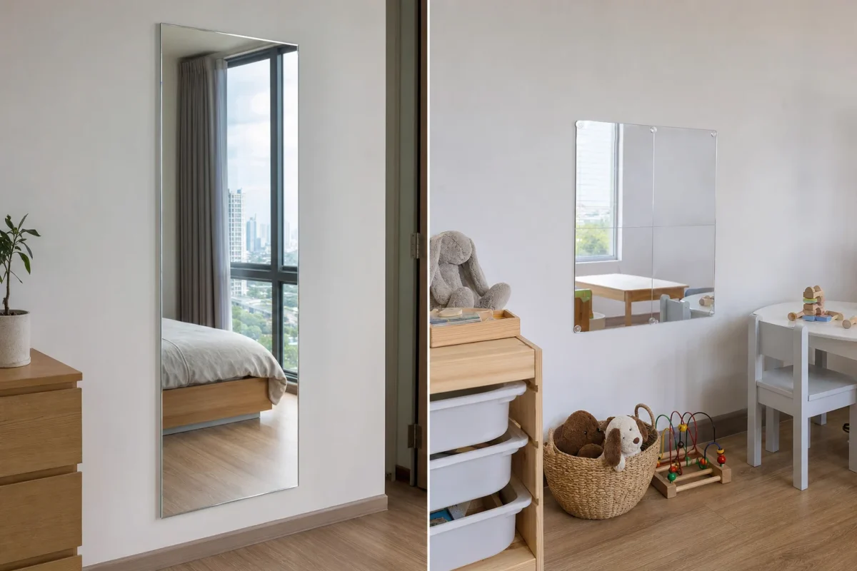 A realistic interior comparison scene focused on wall-mounted mirrors in a modern apartment in Ho Chi Minh City, showing two different use cases side by side: one frameless full-length silver-coated glass mirror with polished edges mounted flat on a bedroom wall for clear body reflection, and one lightweight adhesive mirror panel in a children’s corner or temporary rental space for casual use. Emphasize the question of whether adhesive wall mirrors are good depending on purpose. Natural daylight, clean neutral wall, realistic reflections, subtle installation details, eye-level camera angle, documentary style, no text, no logo, no brand, no recognizable people.