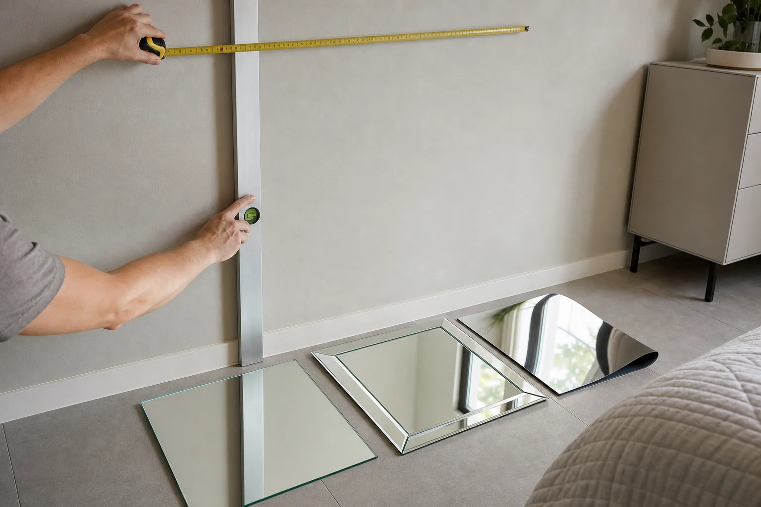 A realistic pre-installation scene for ordering a wall mirror, showing a homeowner’s hands only measuring a wall area with a tape measure, checking wall flatness with a long straightedge and level, and comparing mirror samples on the floor: frameless silver-coated glass mirror with polished edge, beveled edge sample, and a flexible adhesive mirror sheet sample. The setting is a bright bedroom or dressing area with plain wall, tile or painted surface, careful planning for mirror purpose and placement. Natural light, practical installation context, slightly top-down camera angle, highly realistic mirror and glass materials, no text, no logo, no brand, no recognizable face.
