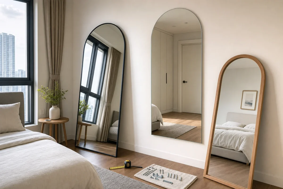 A realistic interior scene in Ho Chi Minh City showing a buyer decision moment for an arched full-length mirror, visually representing three common concerns at once: size fit, mounting method, and frame style. A bright modern apartment bedroom corner with warm natural daylight, one large arched mirror leaning near a wall, another arched mirror mounted on the wall, and a third sample with a different frame finish resting nearby. Show real mirror materials and glass reflections, polished cut edge details, one thin black metal frame, one frameless mirror with smooth beveled edge, and one warm wood frame sample. Include measuring tape on the floor, wall anchors and mounting hardware placed neatly on a cloth, and the mirror reflecting the room depth. Clean installation-ready space, realistic textures, soft shadows, eye-level camera angle, documentary style, no text, no logo, no identifiable person.