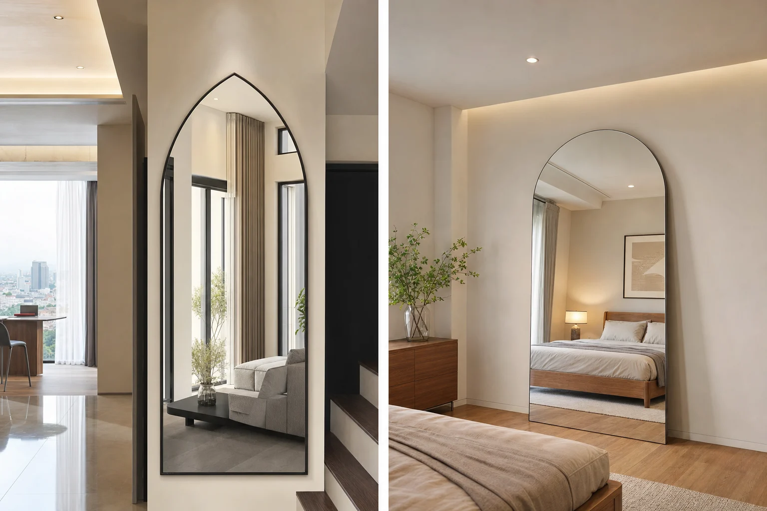 A realistic side-by-side comparison scene inside a contemporary home in Ho Chi Minh City showing two arched full-length mirrors chosen by ceiling height, placement space, and visual feeling: one pointed arch mirror in a room with a higher ceiling and narrow vertical wall section, and one rounded arch mirror in a lower, softer bedroom corner with wider horizontal breathing space. Emphasize real mirror glass, precise custom-cut curved tops, smooth polished edges, one slim metal frame and one frameless or lightly framed version. Show how each mirror fits the wall proportion and changes the visual mood of the room through reflections. Natural daylight mixed with soft indoor lighting, clean plaster walls, tiled or wood floor, minimal furniture for scale, wide-angle interior shot, realistic architectural photography, no text, no logo, no identifiable person.