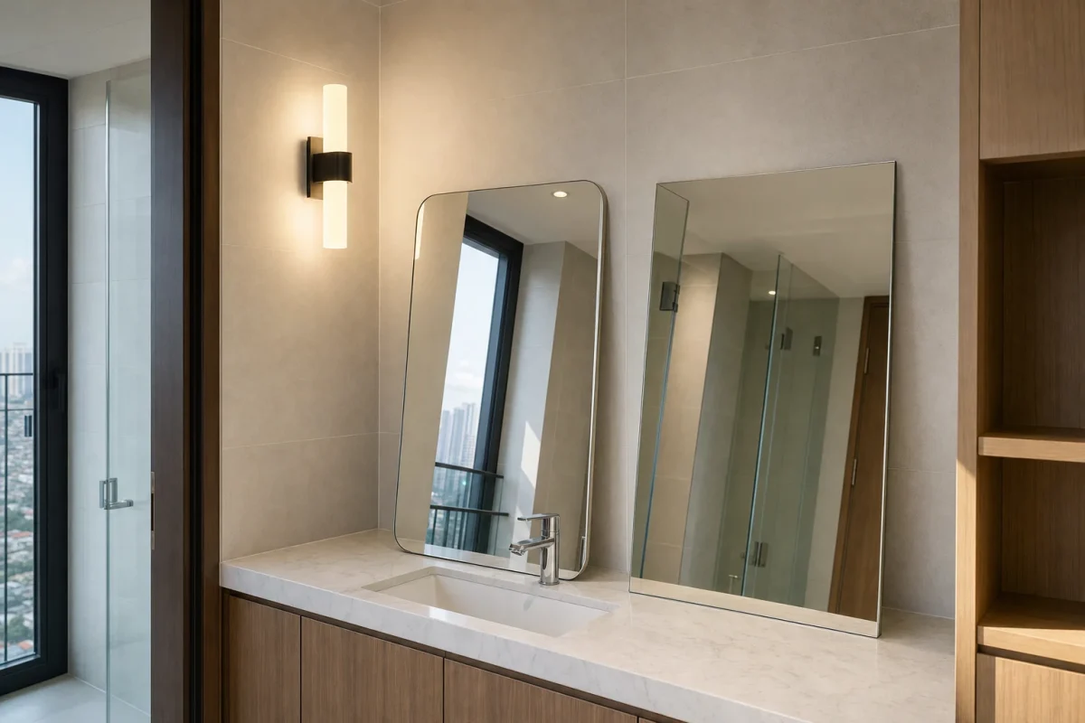 A realistic interior scene in a modern Ho Chi Minh City apartment bathroom showing a rectangular mirror being considered before installation, with two sample mirrors leaning against the wall: one with softly rounded corners and one with sharp square corners. The wall has visible placement constraints such as a vanity, wall lamp, faucet, cabinet edge, and tiled boundaries, emphasizing that edge style should be chosen only after studying the installation position. Real glass reflections, polished mirror surface, subtle aluminum backing edge, clean stone countertop, warm natural daylight mixed with soft indoor lighting, documentary-style wide angle shot, eye-level camera, highly realistic materials, no text, no logo, no brand, no identifiable person.
