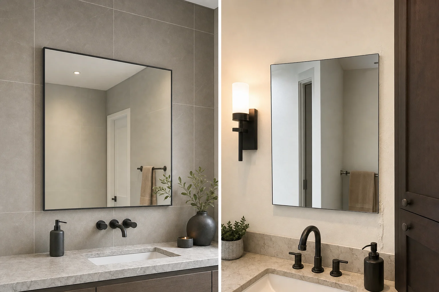 Gương Soi Hình Chữ Nhật: Bo Góc Hay Vuông Góc, Chọn Theo Vị Trí Lắp 5 A realistic comparison scene of rectangular square-corner mirrors installed in different wall conditions inside a contemporary bathroom or powder room. Main focus: a sharp square-corner mirror mounted perfectly on a large flat wall panel with straight tile joints and clean architectural lines, showing why it suits spaces needing crisp geometry. Secondary context in the same scene or split composition: a tighter awkward corner near a cabinet, wall sconce, and uneven wall edge where a square-corner mirror feels too rigid and crowded, suggesting when it should not be used. Real mirror glass, precise polished edges, optional slim black metal frame on one mirror, stone vanity, ceramic tiles, soft neutral lighting, slightly angled camera view, realistic reflections, no text, no logo, no brand, no identifiable person.
