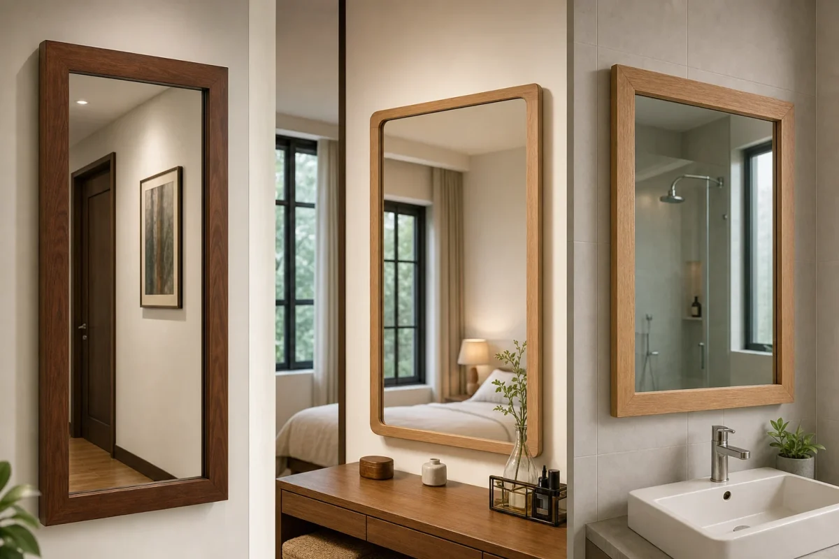 A realistic interior scene in Ho Chi Minh City style home decor showing a wall mirror with a solid wooden frame being selected based on installation position, humidity exposure, and frame construction rather than only appearance. Display three mirror options in one coherent scene: a hallway mirror in a dry area, a bedroom dressing mirror, and a mirror near a more humid wash area, with visible differences in wood grain, joinery details, sealed back panel, and frame thickness. Focus on real mirror materials, clear reflective glass, beveled or straight polished edges, natural wood frame construction, wall mounting context, soft daylight mixed with warm indoor lighting, eye-level camera angle, highly realistic, no text, no logo, no brand, no identifiable people.