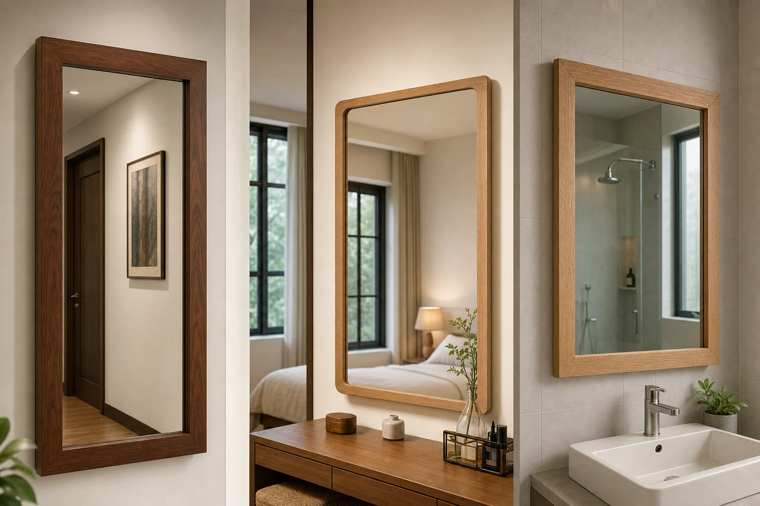 A realistic interior scene in Ho Chi Minh City style home decor showing a wall mirror with a solid wooden frame being selected based on installation position, humidity exposure, and frame construction rather than only appearance. Display three mirror options in one coherent scene: a hallway mirror in a dry area, a bedroom dressing mirror, and a mirror near a more humid wash area, with visible differences in wood grain, joinery details, sealed back panel, and frame thickness. Focus on real mirror materials, clear reflective glass, beveled or straight polished edges, natural wood frame construction, wall mounting context, soft daylight mixed with warm indoor lighting, eye-level camera angle, highly realistic, no text, no logo, no brand, no identifiable people.