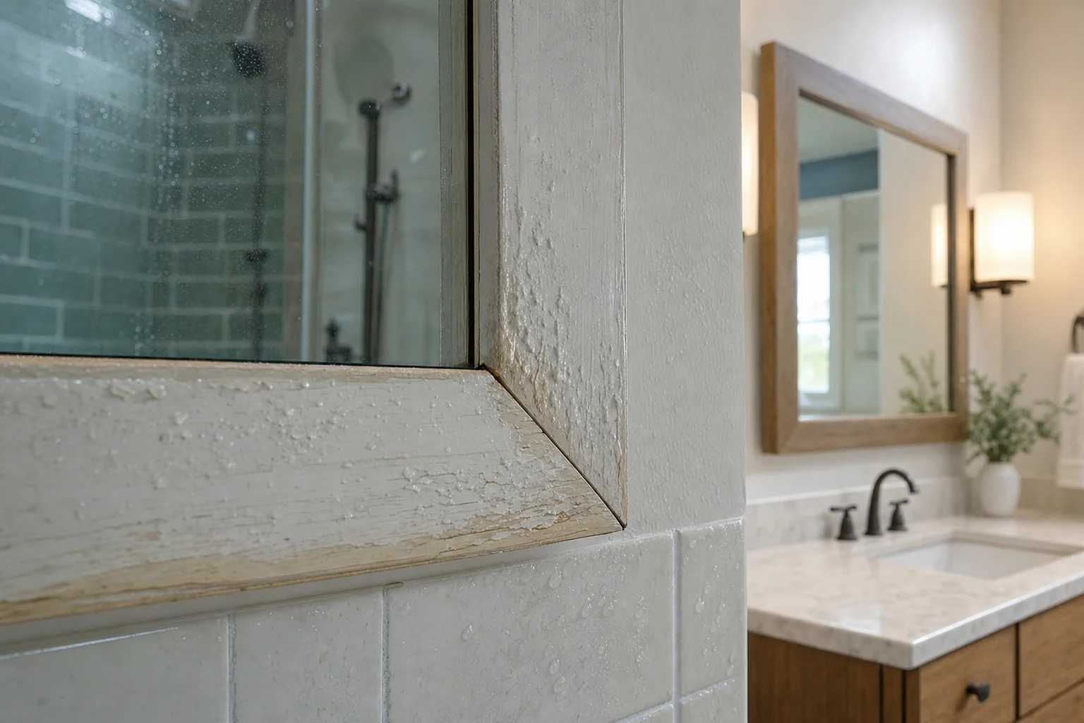 A realistic bathroom installation scene focused on a wooden framed mirror in a humid environment, showing why the frame can warp, open at joints, blister paint, and suffer moisture damage. Include close visual details of slightly swollen wood, minor joint gaps at the corners, softened paint finish, condensation on nearby tiles, and a safer drier zone in the same bathroom where a wooden framed mirror could still be considered, such as farther from the shower splash zone above a vanity. Show real mirror glass, polished edge hidden by frame, moisture-resistant wall surface, ceramic tiles, vanity countertop, soft diffused bathroom lighting, slightly angled close-up camera view, highly realistic, no text, no logo, no brand, no identifiable people.