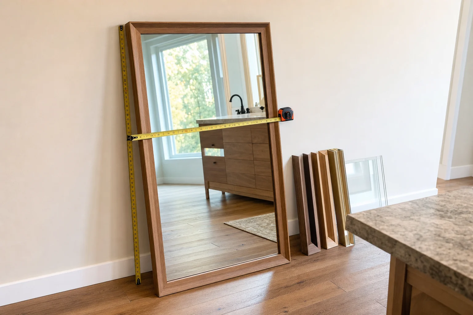 A realistic workshop-and-installation preparation scene showing the process of measuring a custom wooden framed mirror before ordering: a mirror leaning against a wall, a measuring tape checking overall width and height, visible planned clearance from surrounding wall or vanity, ergonomic hanging height reference implied by the setting, and different frame border thickness samples placed beside the mirror. Emphasize real glass reflection, wood frame material options, frame depth, straight and beveled edge examples, careful dimension checking in a residential interior or fabrication area, natural daylight with clean task lighting, top-front three-quarter camera angle, highly realistic, no text, no logo, no brand, no identifiable people.
