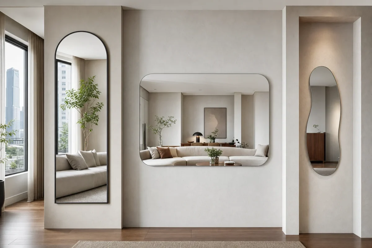 A realistic interior design scene in Ho Chi Minh City showing a wall-first approach to choosing an artistic mirror: three different wall sections in one refined residential space, each fitted with a mirror shape that matches the wall proportion before room style is considered — a tall arched mirror on a narrow vertical wall panel, a wide rounded-rectangle mirror centered on a broad horizontal wall, and a slim organic-shaped mirror on a small accent niche. Real mirror glass with clear reflections, polished edges, one thin metal frame and one frameless option visible, textured plaster wall, wood floor, soft natural daylight from a side window, balanced composition, eye-level camera angle, highly realistic, no text, no logo, no brand, no recognizable people.