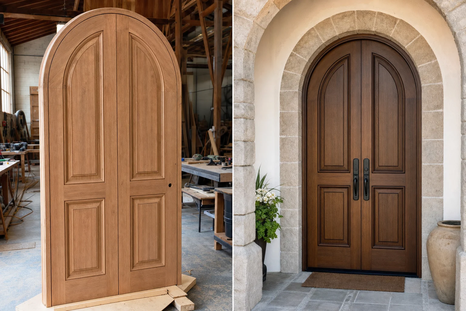 A realistic workshop-and-installation comparison scene from a craftsman
