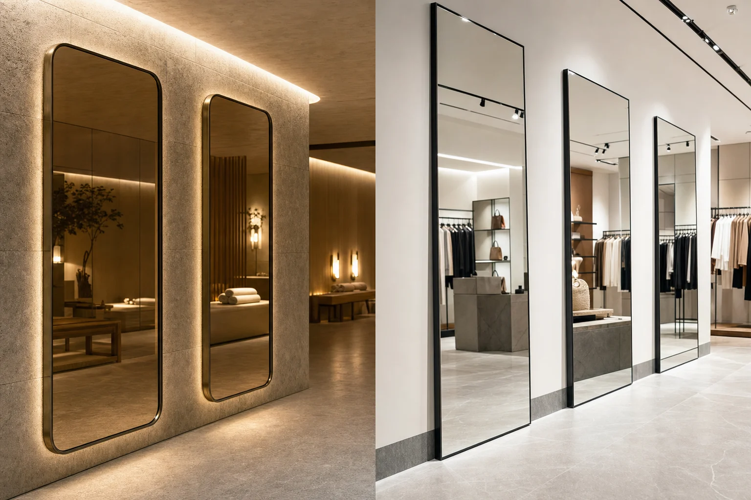 A realistic commercial interior scene comparing mirror priorities in a spa and a fashion shop, with emphasis on mirror and glass only: on one side, a calm spa corridor with large full-height bronze-tinted mirrors, rounded corners, slim anti-rust metal frames, warm indirect lighting, moisture-resistant detailing, and a soothing upscale atmosphere; on the other side, a boutique retail area with tall fitting mirrors, crisp clear glass, sharp beveled edges, slim black frames, brighter directional lighting, and placement optimized for product viewing and spaciousness. Show the mirrors installed on actual wall surfaces with realistic reflections, stone and wood materials, clean floor, wide-angle camera shot, premium commercial finish, no text, no logo, no brand, no recognizable people.