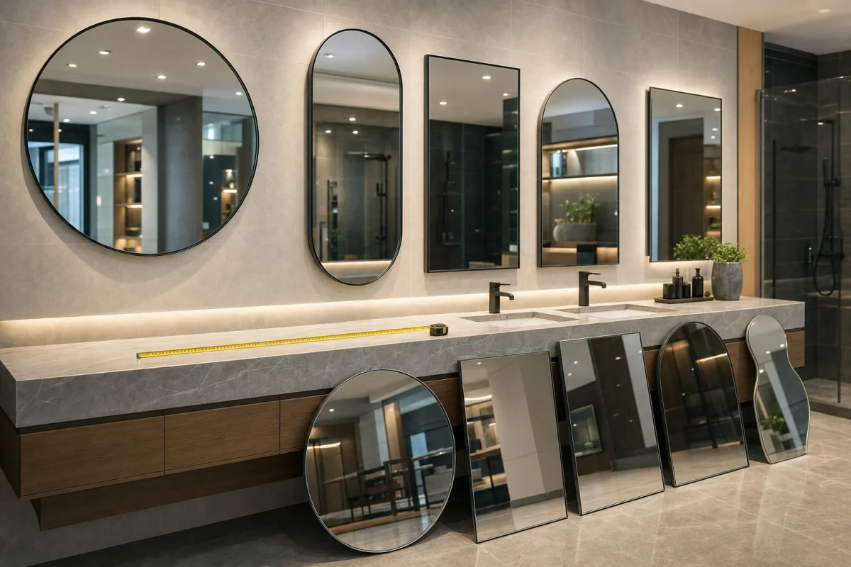 A realistic bathroom mirror showroom and fabrication consultation scene in Ho Chi Minh City, featuring several beautiful bathroom mirror options arranged side by side by shape and size: round, pill-shaped, rectangular, arched, and custom-cut samples leaning near a vanity wall. Include clear glass mirrors, polished edges, beveled edges, slim black metal frames, frameless options, and a measuring tape laid across a vanity countertop to suggest choosing shape versus dimensions first. Modern bathroom setting with ceramic wall tiles, stone lavabo counter, warm neutral lighting, soft reflections, and a slightly angled wide camera view at eye level. No text, no logo, no brand, no recognizable people.