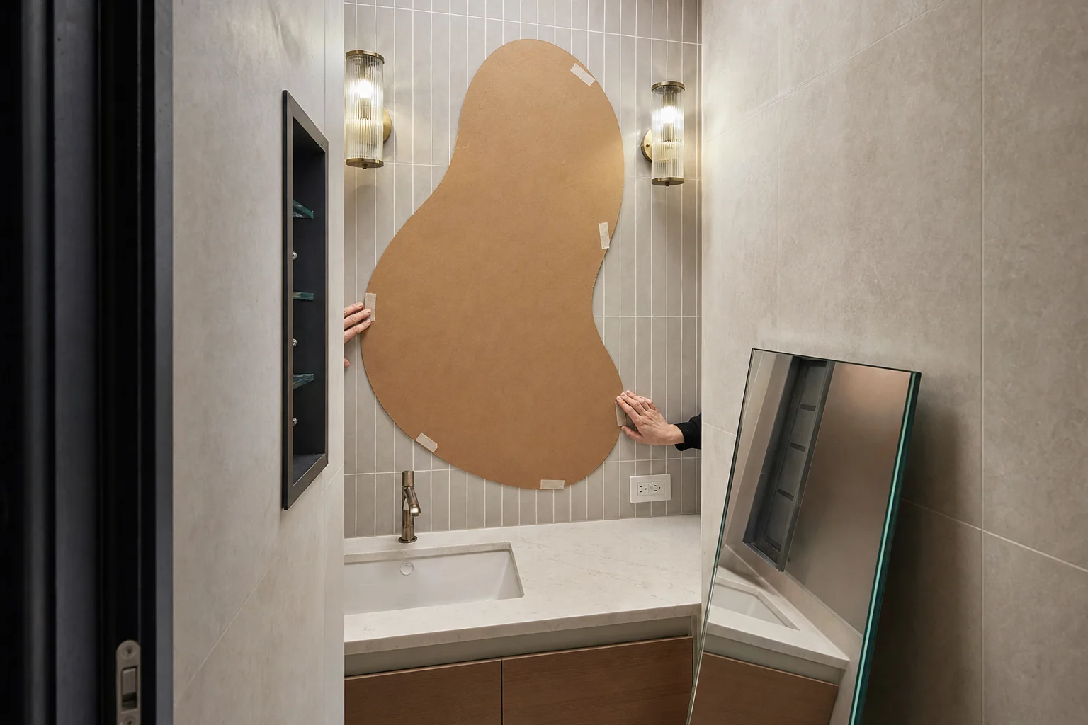 Gương Phòng Tắm Đẹp: Duyệt Mẫu Theo Dáng Và Khổ Cắt 2 A realistic small bathroom installation planning scene showing why an irregular custom-shaped mirror may not be suitable despite looking beautiful in photos. Feature a narrow vanity wall with many constraints: off-center lavabo, wall sconce positions, electrical outlet, recessed cabinet niche, and tight tile boundaries. Show a paper or cardboard irregular mirror template being held against the wall by unseen hands or resting in place, clearly clashing with the space, while a simpler rectangular mirror sample leans nearby as a practical alternative. Include real mirror/glass materials, polished edge detail, modern bathroom tiles, compact urban apartment proportions, natural and ceiling light mix, and a close three-quarter camera angle. No text, no logo, no brand, no recognizable face.