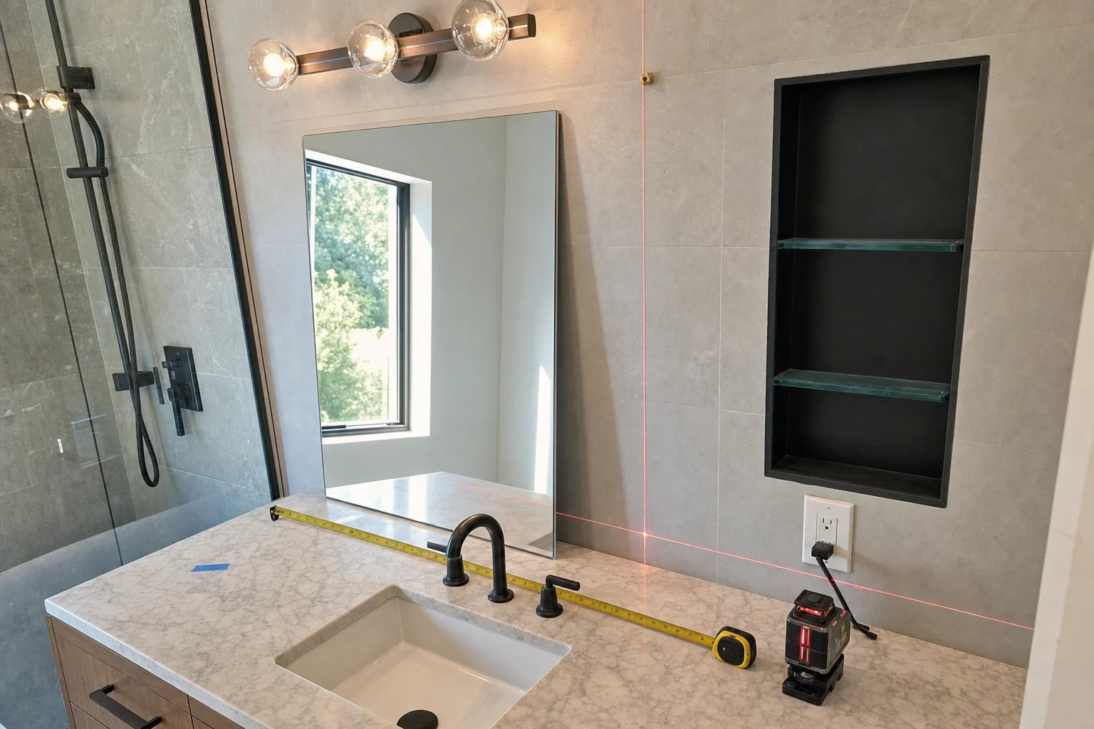 Gương Phòng Tắm Đẹp: Duyệt Mẫu Theo Dáng Và Khổ Cắt 3 A realistic pre-installation measurement and checking scene for ordering a beautiful lavabo mirror, focused on accurate site inspection in a bathroom. Show a vanity wall with centerline alignment to the sink, measuring tape, laser level, wall outlet, vanity light position, recessed medicine cabinet niche, faucet, and visible obstruction points. Include a frameless rectangular mirror sample with polished edges resting against the wall, with tile joints, stone countertop, and plumbing fixtures clearly visible for scale. Bright natural daylight mixed with soft indoor lighting, crisp reflections on glass, detailed construction realism, and a slightly top-down oblique camera angle. No text, no logo, no brand, no recognizable people.