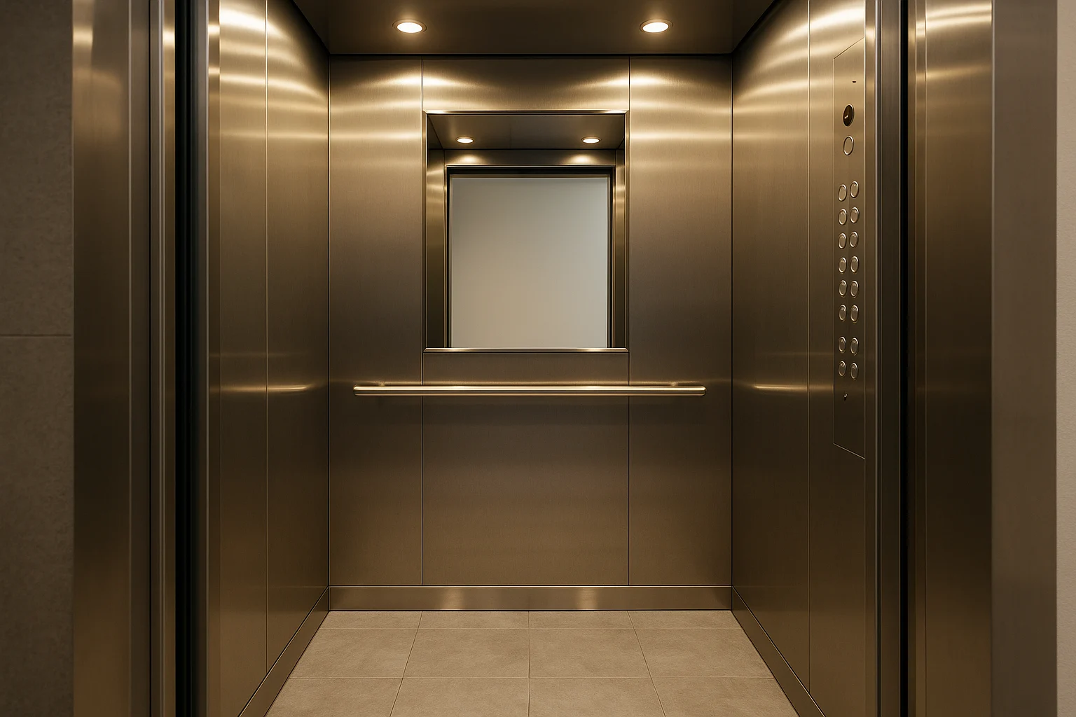Cabin thang máy có mảng gương ốp vách sau phía trên tay vịn inox