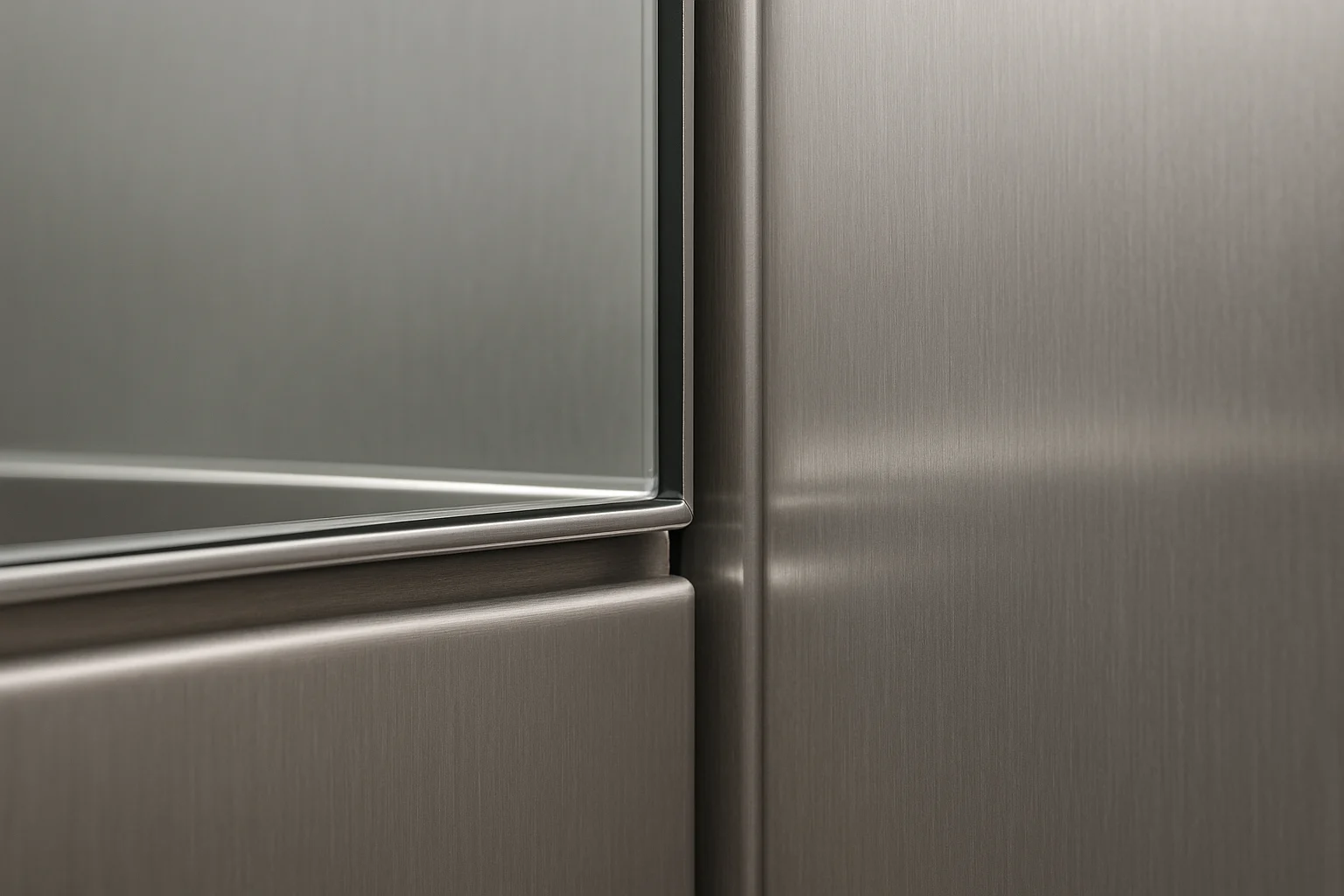Chi tiết nẹp inox giữ mép gương trong cabin thang máy, thấy rõ khe giãn nở
