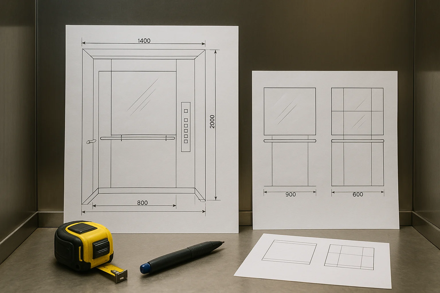 Bản vẽ kỹ thuật thực tế đặt trên nền vách cabin thang máy, thể hiện số đo bằng milimét của chiều rộng vách, chiều cao hữu dụng, vị trí tay vịn, bảng điều khiển, kích thước cửa; bên cạnh là hai phương án gương nguyên tấm và chia tấm, có thước cuộn và bút đánh dấu công trình
