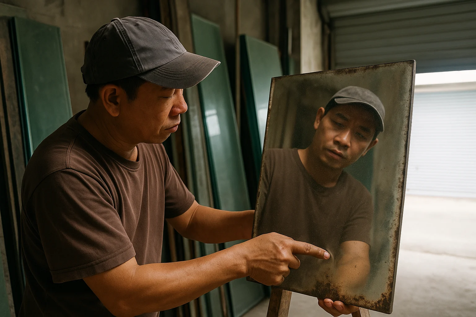 Gương Thanh Lý Và Gương Cũ: Kiểm Gì Trước Khi Mua Lại 3 Một người đang kiểm tra tấm gương cũ dựng đứng trong kho, dùng ánh sáng ngược từ cửa cuốn để soi mép và bốn góc trước, tay chỉ vào vùng ố mép mờ xám ở góc dưới, sau lưng là vài tấm gương dựng trên giá; ảnh cận thực tế, tập trung vào thao tác kiểm tra thủ công tại chỗ