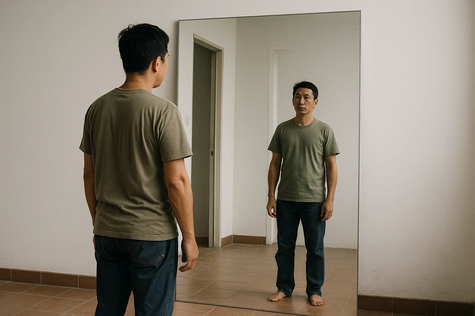 Gương Thanh Lý Và Gương Cũ: Kiểm Gì Trước Khi Mua Lại 6 Một người đứng lùi khoảng 2 mét trước tấm gương lớn trong phòng trống, quan sát mép cửa phản chiếu trong gương; một bên đường phản chiếu thẳng đều, bên còn lại bị gợn sóng nhẹ do tấm gương vênh, khung cảnh thực tế với nền gạch và tường trắng giúp thấy rõ đường chuẩn
