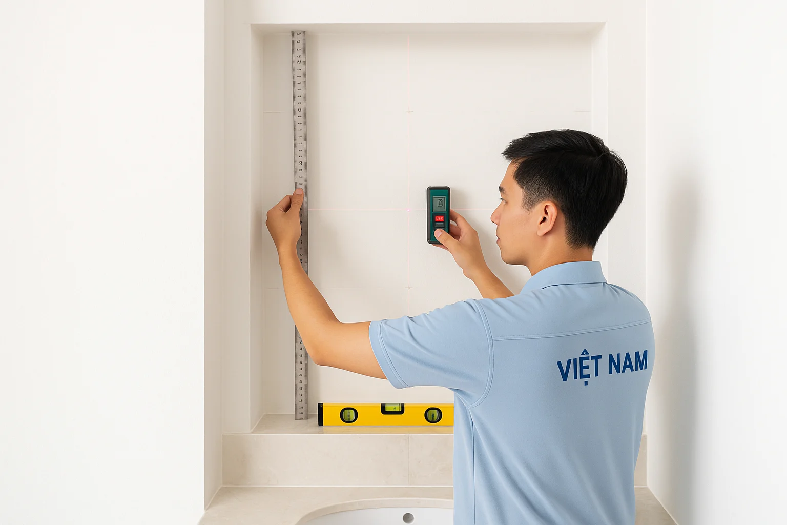 Ảnh thực tế sáng rõ của kỹ thuật viên đang đo một hốc tường khu lavabo bằng laser đo, thước thép và thước nivo, trên tường có đánh dấu ba điểm ngang trên giữa dưới và ba điểm dọc trái giữa phải bằng bút chì mảnh, mép đá ốp và ổ chờ thiết bị nhìn rõ, không gian sạch sẽ, ánh sáng tự nhiên hoặc đèn trắng đều như ảnh ghi nhận hiện trạng
