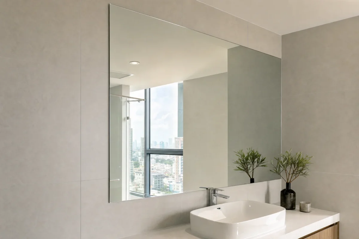 Photorealistic interior installation scene of a wall-mounted full-height mirror with no visible frame, polished edges, flush-mounted as a true seamless edge-to-edge mirror panel on a flat bathroom wall, minimalist modern apartment in Ho Chi Minh City style, light gray tiles, vanity and soft warm daylight, camera at eye level slightly angled to show the mirror edge detail clearly, emphasize that it looks frameless but is actually precision-installed with clean straight margins, realistic glass reflections, no text, no logo, no brand, no identifiable people
