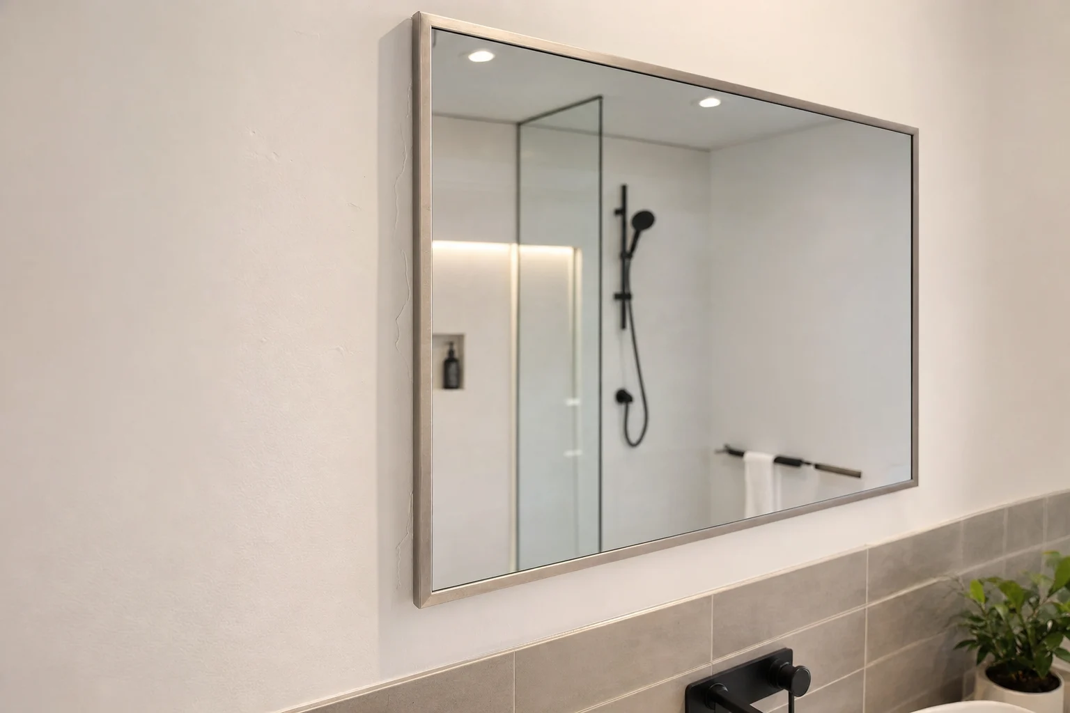 Photorealistic comparison-style interior scene showing a wall with slight unevenness where a frameless edge-to-edge mirror would expose flaws, but the chosen solution is a mirror with a slim aluminum frame or beveled border that visually hides the wall imperfections, modern washroom or dressing area, realistic materials including glass, metal frame, painted wall and tile, soft neutral lighting, three-quarter camera angle highlighting the perimeter detail and how the frame masks edge irregularities, no text, no logo, no brand, no identifiable people
