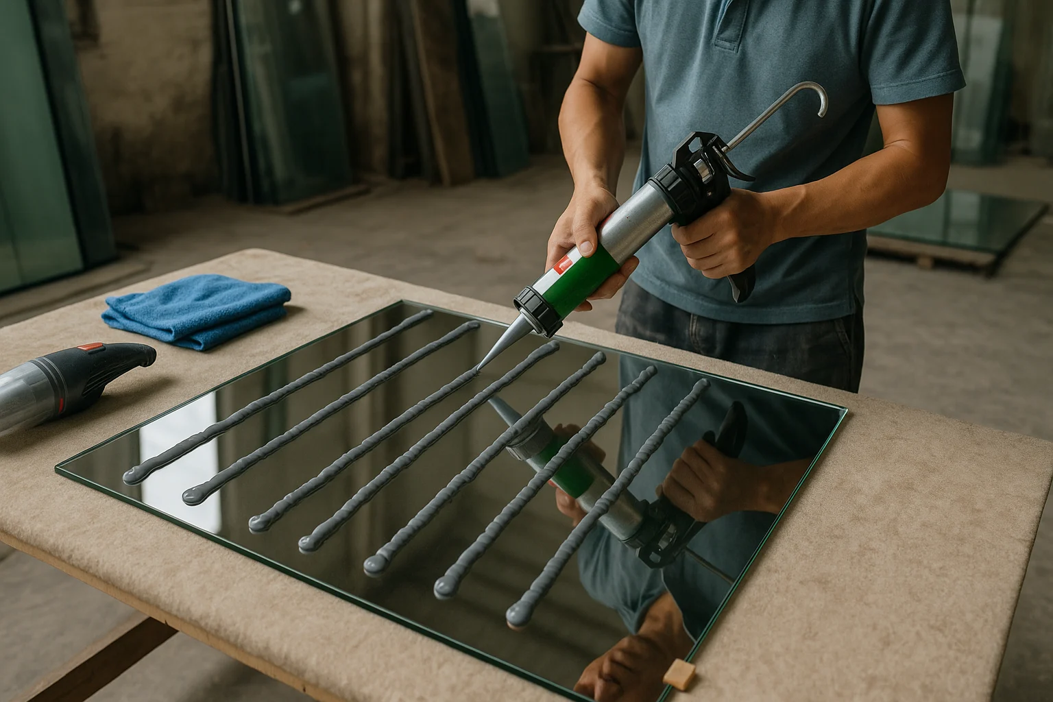 Tấm gương đặt úp trên bàn lót mềm trong khu vực gia công, người thợ đang dùng súng bơm keo tạo các đường keo thẳng theo chiều dọc, song song và cách đều nhau, chừa khoảng hở ở mép và đáy, cạnh dưới có hai miếng kê đỡ nhỏ, bên cạnh là khăn lau bụi và máy hút bụi mini, ánh sáng rõ để nhìn thấy cấu trúc bề mặt keo