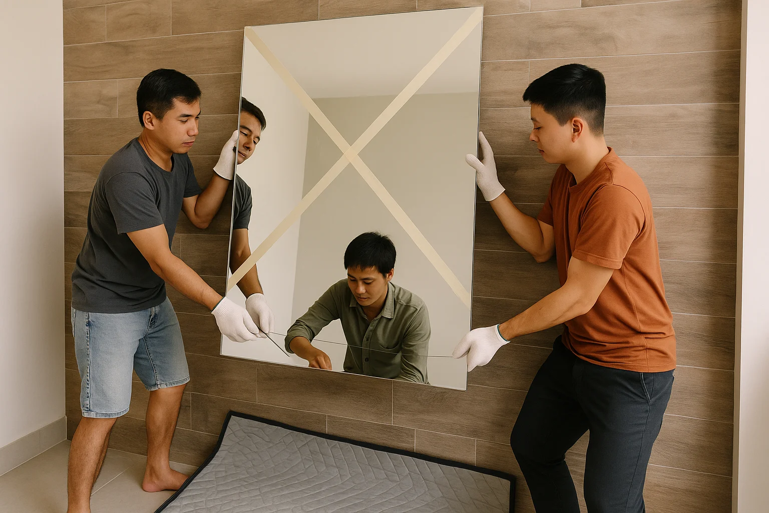Cảnh tháo một tấm gương lớn khỏi tường theo cách an toàn: mặt gương đã được dán băng bảo vệ chéo, hai người đeo găng đang giữ hai bên, một người dùng dây cắt keo luồn sau gương, dưới chân có tấm đệm mềm để hứng, nền tường là mảng ốp và ánh sáng rõ để thấy thao tác thực tế