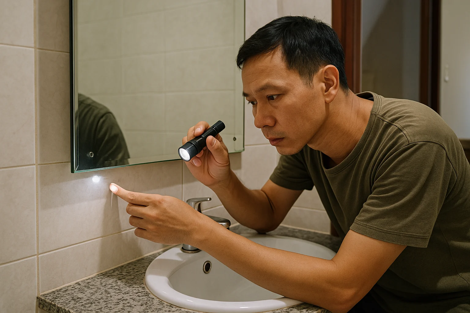Lịch Bảo Dưỡng Gương Theo Vị Trí Lắp: Khu Ẩm, Khu Khô Và Mặt Bằng Kinh Doanh 9 Ảnh một người đang kiểm tra thực tế tấm gương treo tường trong nhà, tay cầm đèn pin nhỏ soi vào mép dưới và góc gương, phía dưới là lavabo và mặt đá khô, bối cảnh sinh hoạt thật, tập trung vào hành động quan sát mép, ron và lỗ khoan thay vì lau chùi bề mặt