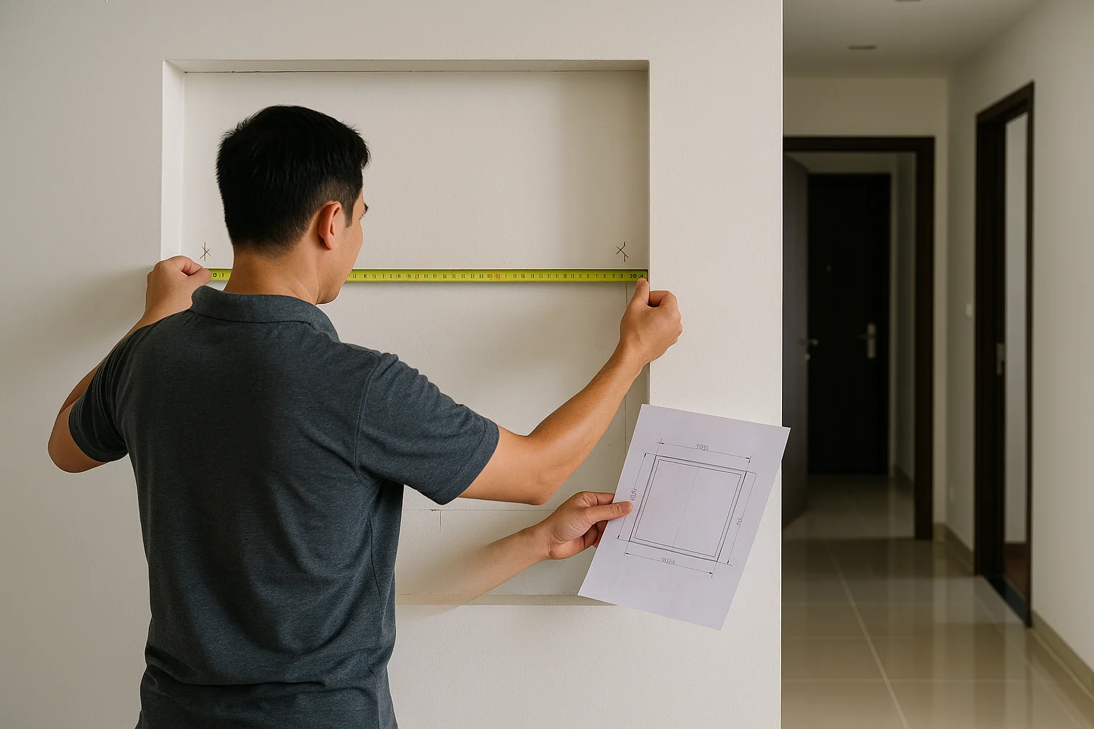 Mua Gương Ở Đâu Tại TP.HCM: Mua Xưởng, Mua Cửa Hàng Hay Mua Online 2 Cảnh thực tế một người thợ nội thất đứng trước mảng tường chuẩn bị lắp gương, tay cầm thước dây kim loại đo chiều rộng ô chờ, trên tường có đánh dấu bút chì các điểm mép trái phải và vị trí lỗ khoan, bên cạnh là bản vẽ tay trên giấy ghi kích thước bằng milimet, không gian là căn hộ tại TP.HCM với cửa ra vào, hành lang và ánh sáng tự nhiên rõ ràng