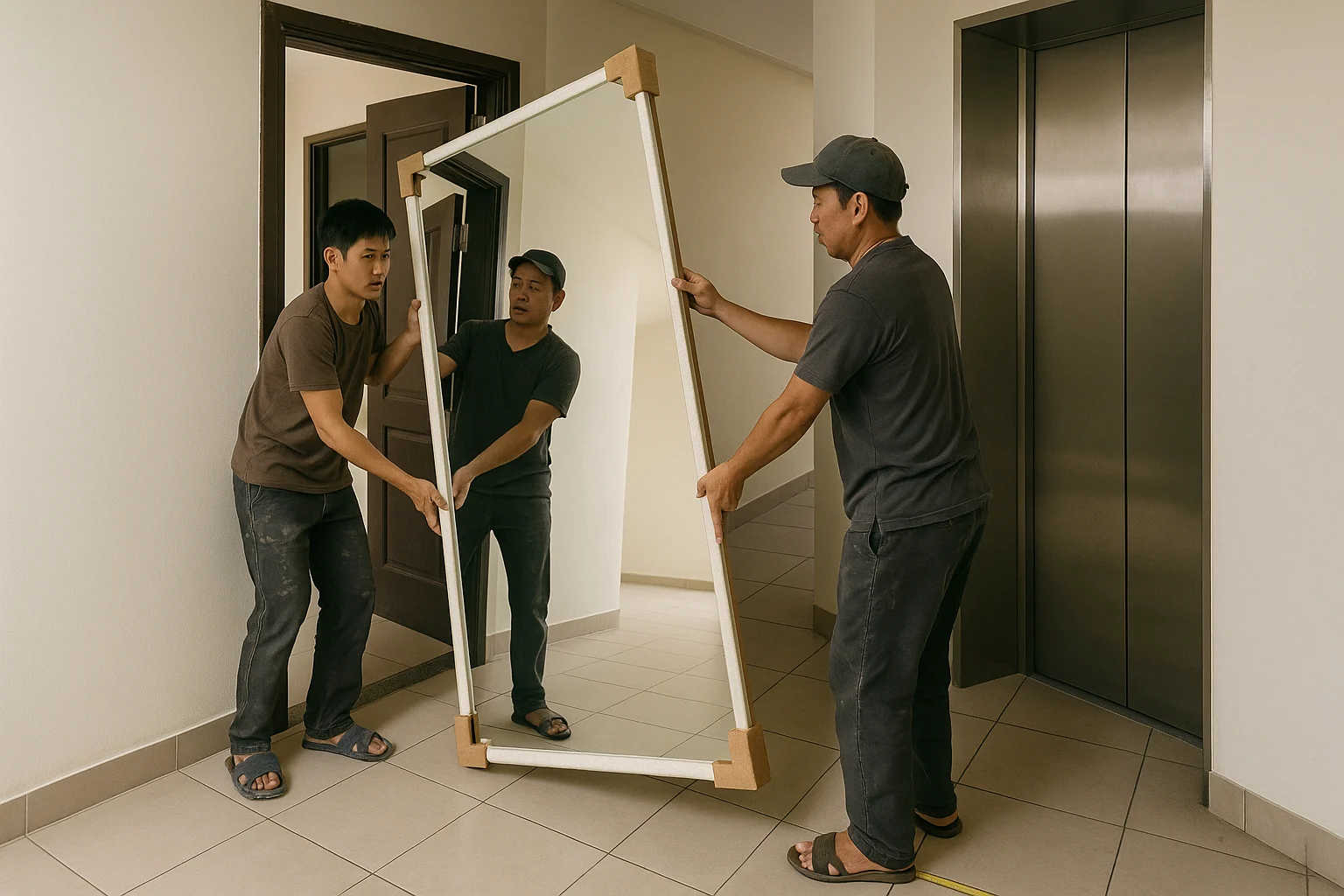 Mua Gương Ở Đâu Tại TP.HCM: Mua Xưởng, Mua Cửa Hàng Hay Mua Online 5 Hai người thợ đang dựng và xoay một tấm gương khổ lớn được bọc bảo vệ mép bằng mút và carton trong hành lang chung cư, phía trước là cửa căn hộ mở sẵn, nền có thước dây đo bề rộng lối đi, cảnh cho thấy rõ góc xoay hẹp, cửa thang máy và khoảng trống cần thiết để đưa gương vào an toàn