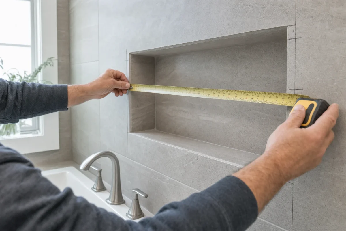 Technician measuring a wall niche for a mirror, tape measure stretched across a tiled bathroom wall above a sink, close-up hands, pencil marks on the wall edge, soft daylight from side window, realistic construction setting, no text, no logo