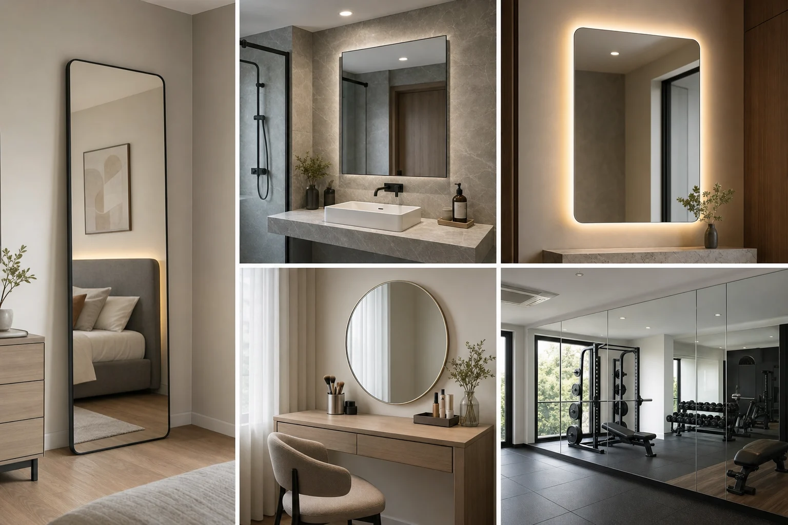 Different mirror applications in a small interior project: a full-length wall mirror in a bedroom corner, a bathroom mirror above sink, a vanity mirror on dressing table, an LED mirror with hidden backlight, and gym wall mirror panels in a compact studio, realistic interior lighting, clean materials, no text, no logo