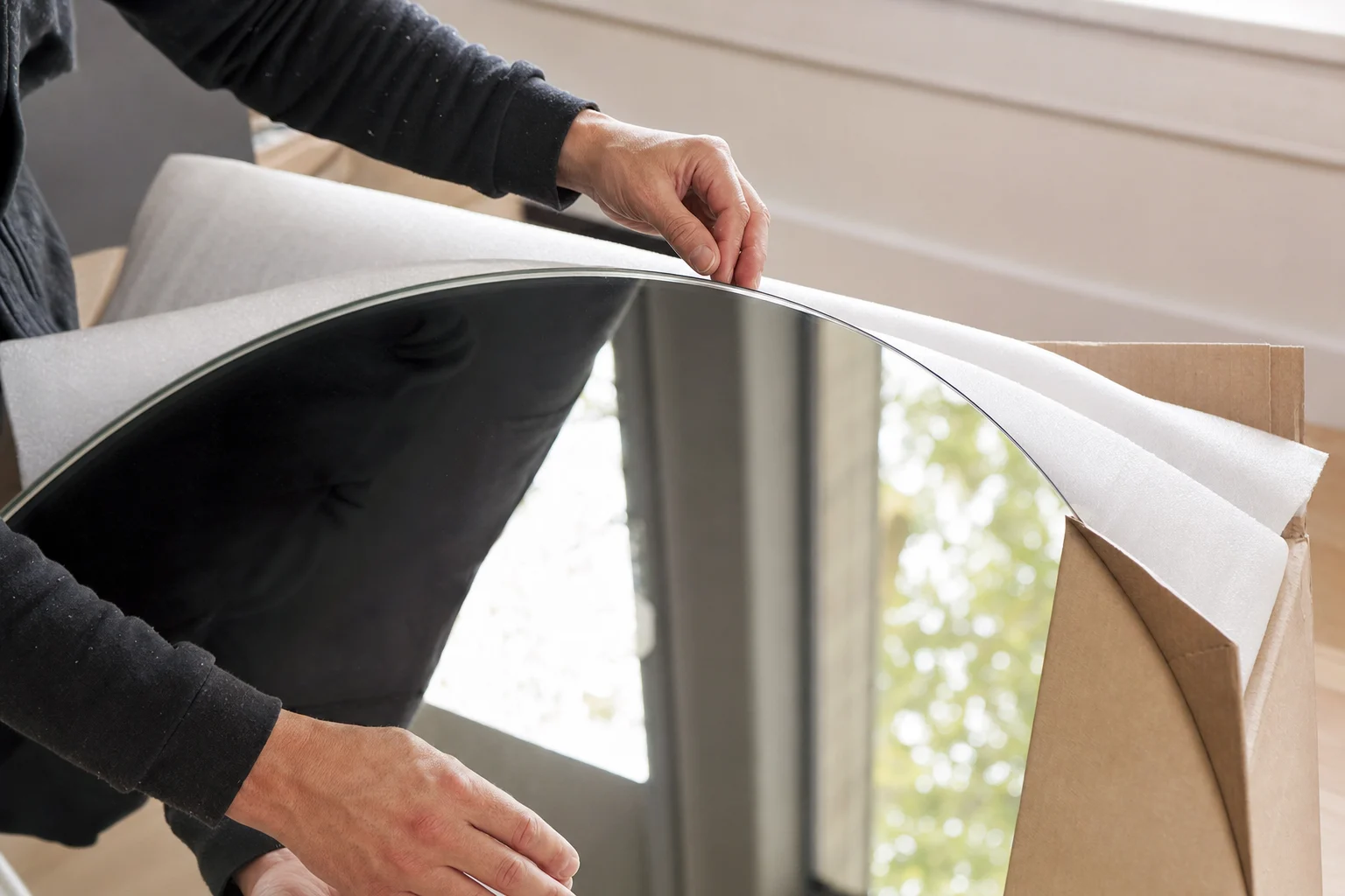 Close-up inspection of a mirror edge and reflective surface during delivery, protective foam and corner guards partially removed, worker hands checking polished edge under natural light, realistic packaging scene, no text, no logo