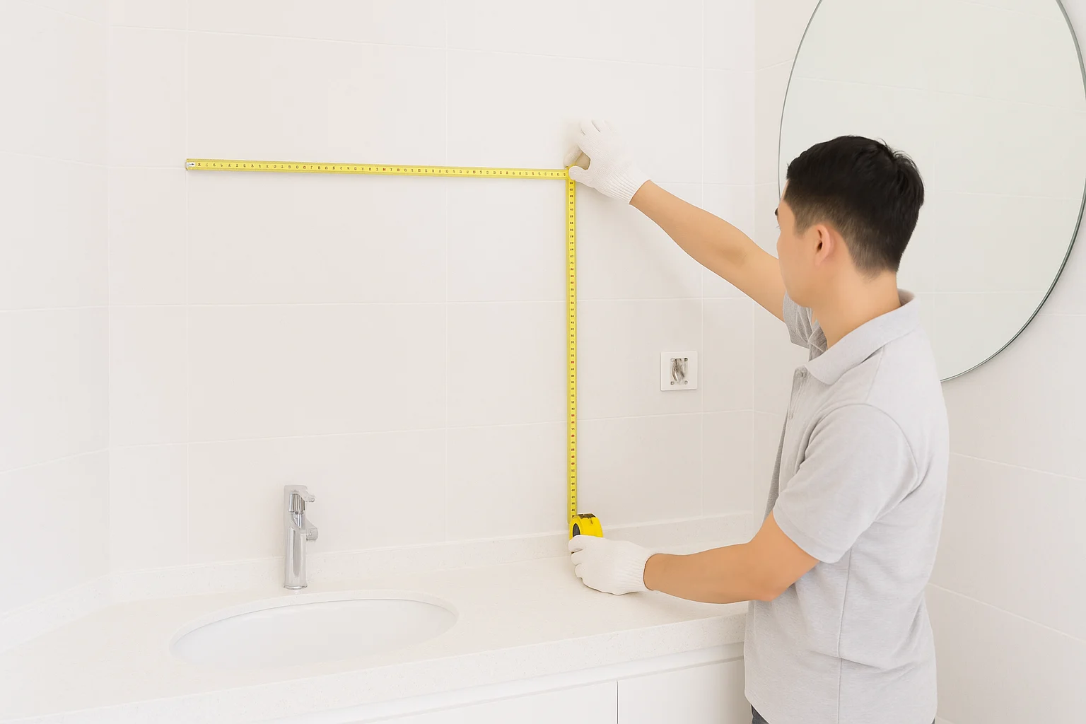 Ảnh thực tế sáng rõ trong phòng tắm khách sạn đang hoàn thiện, kỹ thuật viên dùng thước đo kiểm kích thước mảng tường sau ốp lát, gần đó thấy rõ lavabo, bàn đá, ổ điện chờ và mép gạch; ảnh chụp theo kiểu hồ sơ hiện trường, sạch sẽ, đủ sáng, tập trung vào bề mặt tường và các điểm cần đo