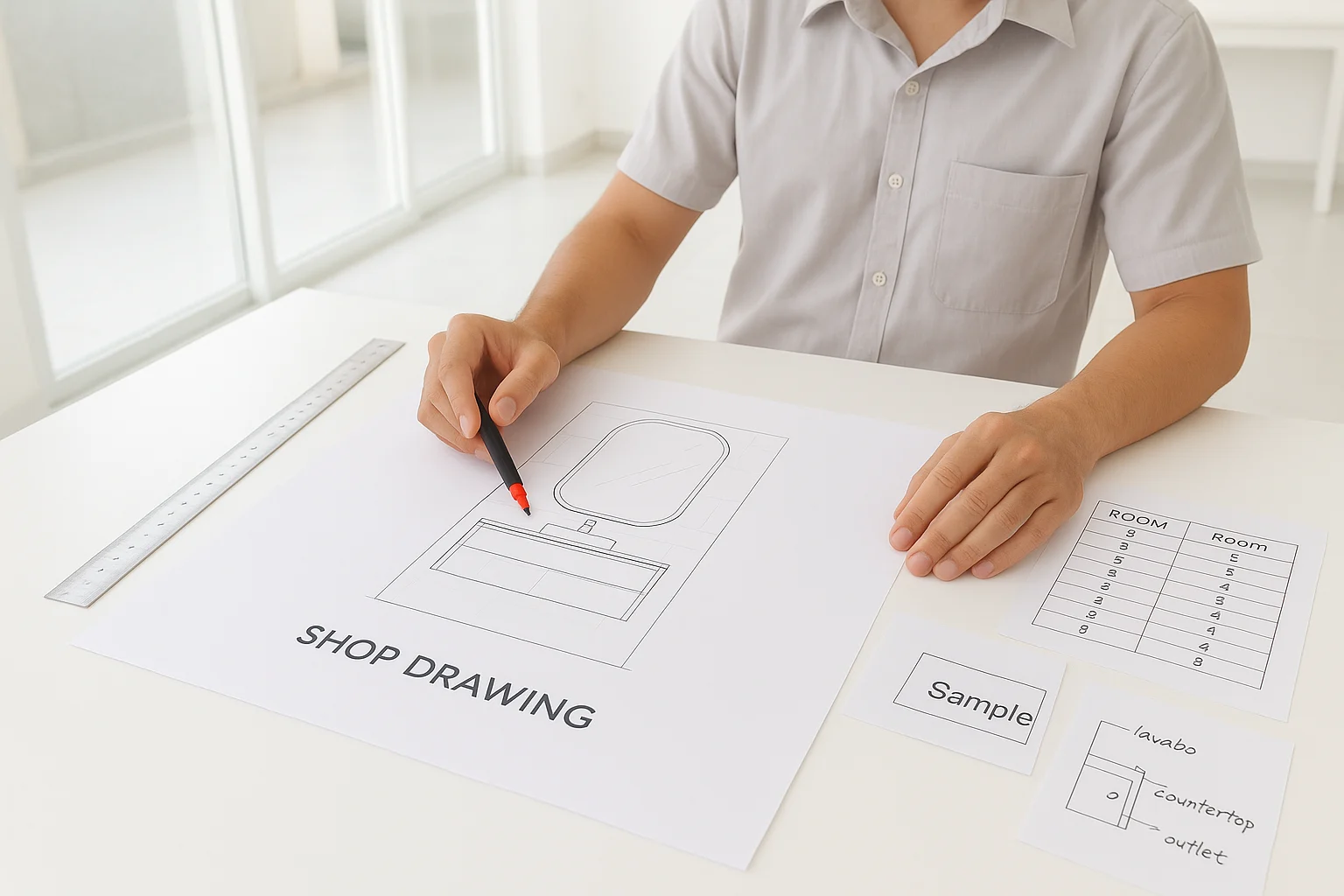 Ảnh chụp sáng rõ trên bàn làm việc của kỹ thuật viên đang trải bản vẽ shop drawing hạng mục gương trong khách sạn, bên cạnh là thước thép, bút đánh dấu, bảng thống kê theo phòng, mẫu tem kiện hàng và một tờ ghi chú vị trí lavabo, bàn đá, ổ điện chờ; khung cảnh văn phòng kỹ thuật hoặc xưởng gia công tại TP.HCM, ánh sáng tự nhiên, mọi chi tiết dễ nhìn