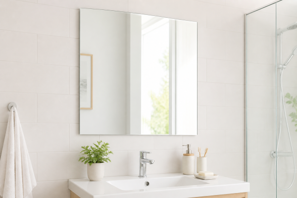gương nhà tắm hình chữ nhật treo trên lavabo trắng, cạnh phụ kiện nhỏ trong không gian sáng