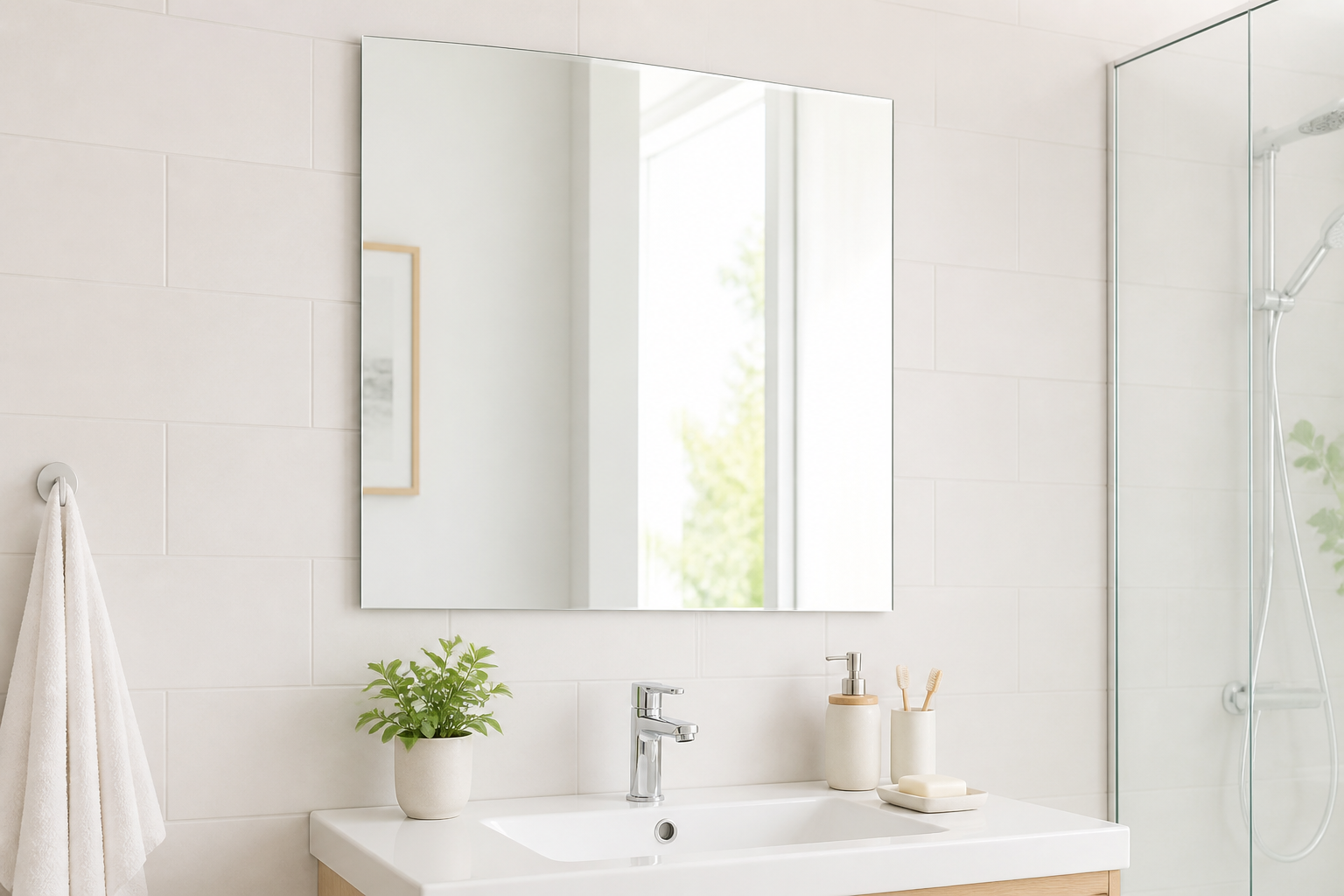 gương nhà tắm hình chữ nhật treo trên lavabo trắng, cạnh phụ kiện nhỏ trong không gian sáng