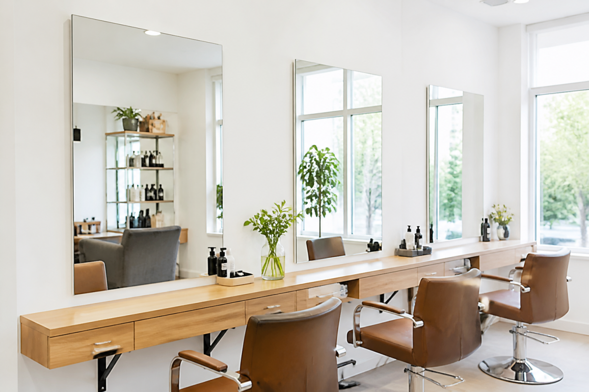 Gương Cắt Tóc Salon: Chọn Khổ, Bố Trí Và Giá Theo Chiếc 38 Gương cắt tóc lớn trên tường, quầy gỗ sáng, tường trắng, cửa sổ rộng đón ánh sáng ban ngày