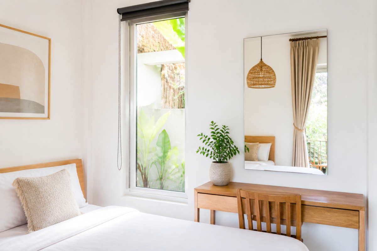 gương homestay trong phòng ngủ sáng ấm với bàn gỗ nhỏ cây chậu và cửa sổ