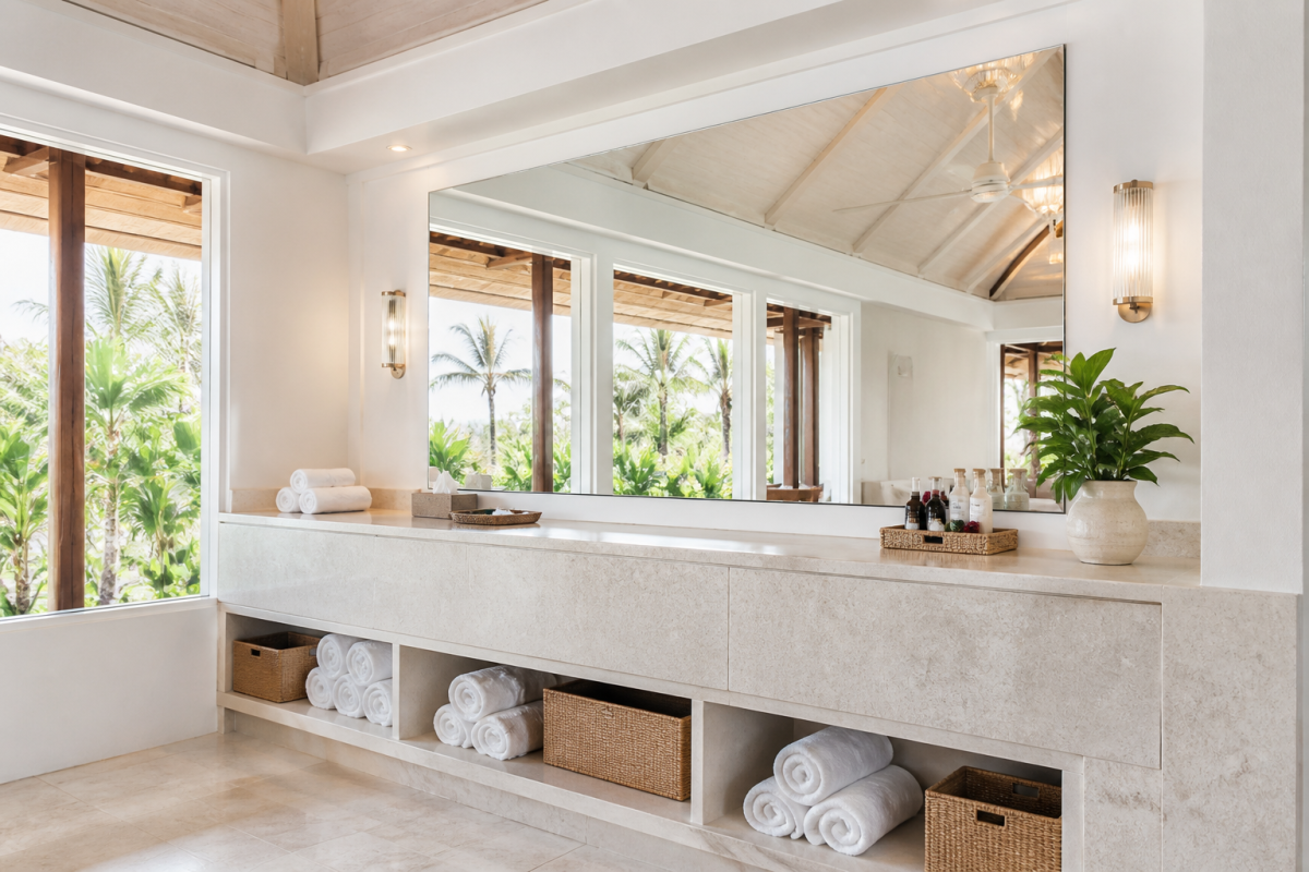 gương khu nghỉ dưỡng sau quầy đá sáng trong không gian spa mở đón ánh sáng tự nhiên